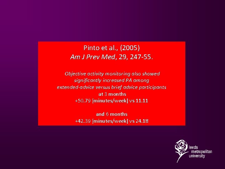 Pinto et al. , (2005) Am J Prev Med, 29, 247 -55. Objective activity