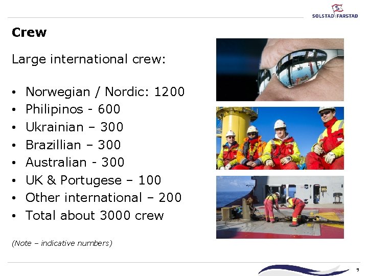 Crew Large international crew: • • Norwegian / Nordic: 1200 Philipinos - 600 Ukrainian Crew Large international crew: • • Norwegian / Nordic: 1200 Philipinos - 600 Ukrainian