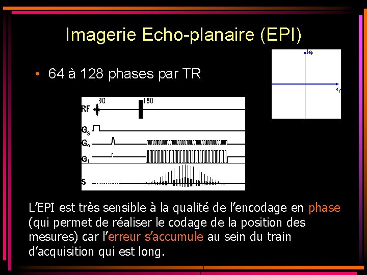 Imagerie Echo-planaire (EPI) • 64 à 128 phases par TR L’EPI est très sensible Imagerie Echo-planaire (EPI) • 64 à 128 phases par TR L’EPI est très sensible