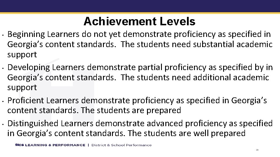 Achievement Levels • • Beginning Learners do not yet demonstrate proficiency as specified in