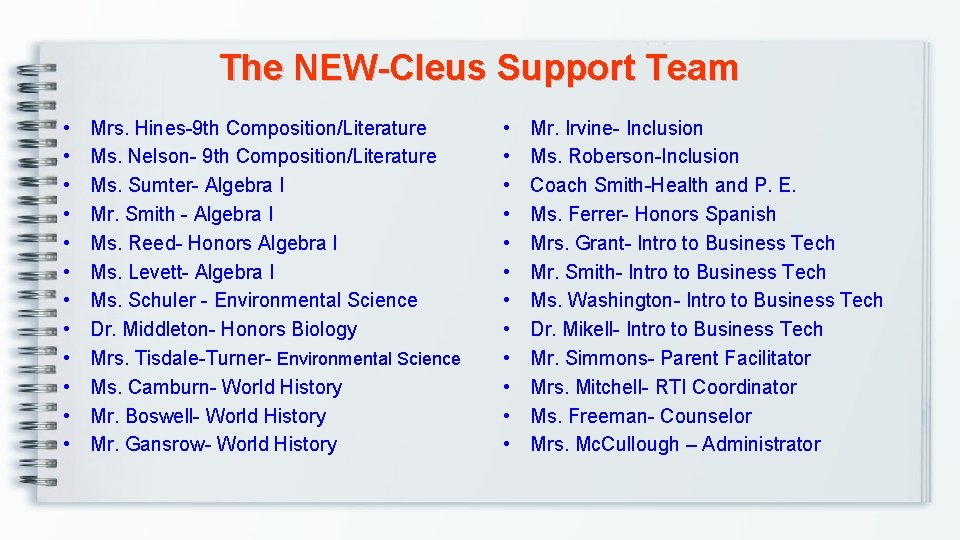 The NEW-Cleus Support Team • • • Mrs. Hines-9 th Composition/Literature Ms. Nelson- 9