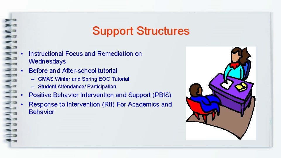 Support Structures • Instructional Focus and Remediation on Wednesdays • Before and After-school tutorial