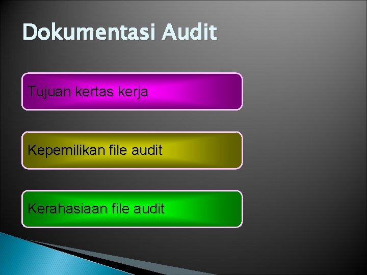 Dokumentasi Audit Tujuan kertas kerja Kepemilikan file audit Kerahasiaan file audit Dokumentasi Audit Tujuan kertas kerja Kepemilikan file audit Kerahasiaan file audit