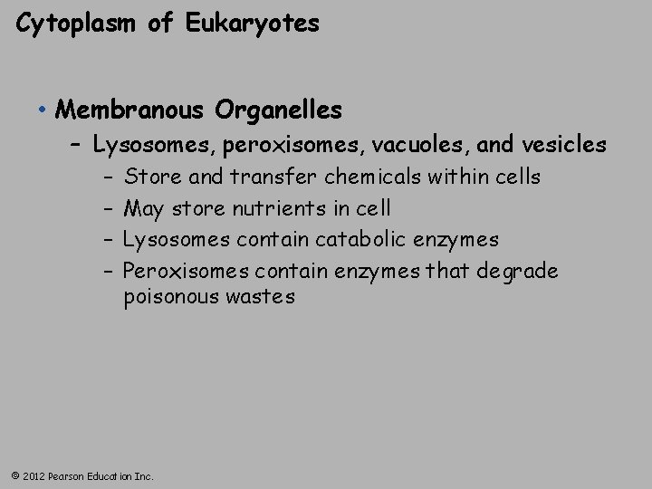 Cytoplasm of Eukaryotes • Membranous Organelles – Lysosomes, peroxisomes, vacuoles, and vesicles – –