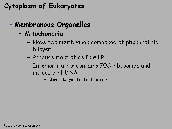 Cytoplasm of Eukaryotes • Membranous Organelles – Mitochondria – Have two membranes composed of