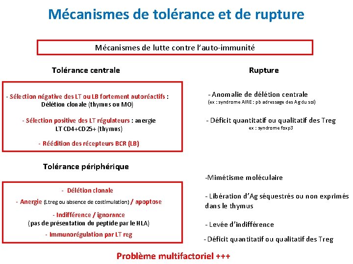 Mécanismes de tolérance et de rupture Mécanismes de lutte contre l’auto-immunité Tolérance centrale -