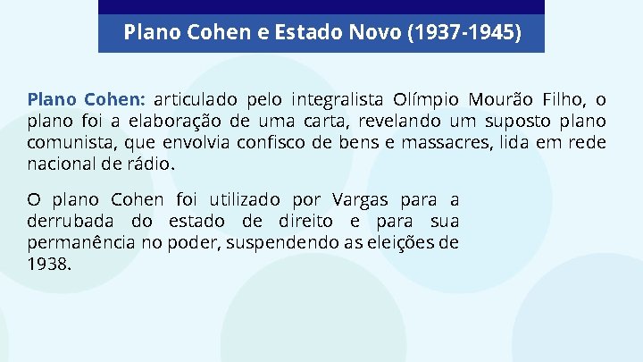 Plano Cohen e Estado Novo (1937 -1945) Plano Cohen: articulado pelo integralista Olímpio Mourão