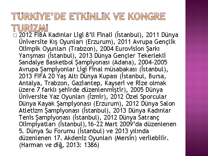 � 2012 FIBA Kadınlar Ligi 8’li Finali (İstanbul), 2011 Dünya Üniversite Kış Oyunları (Erzurum),