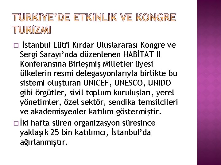 İstanbul Lütfi Kırdar Uluslararası Kongre ve Sergi Sarayı’nda düzenlenen HABİTAT II Konferansına Birleşmiş Milletler