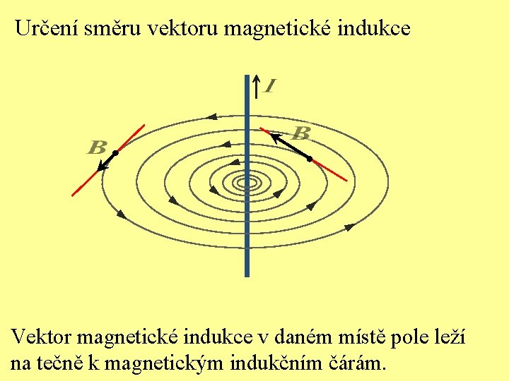 Určení směru vektoru magnetické indukce Vektor magnetické indukce v daném místě pole leží na