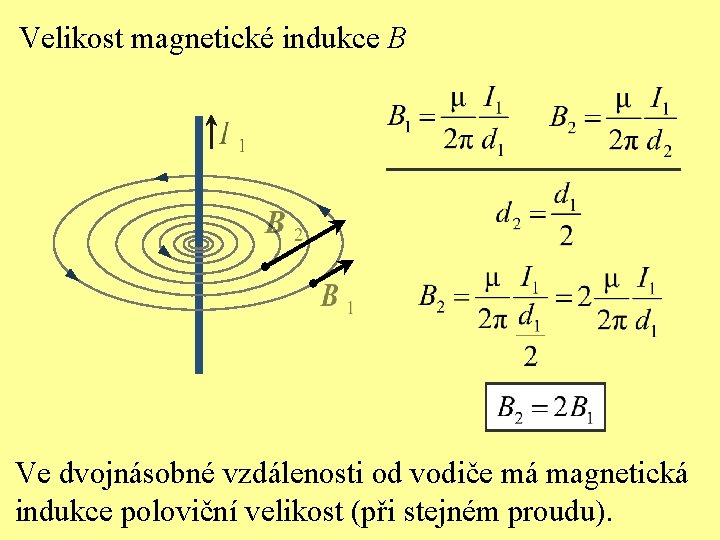 Velikost magnetické indukce B Ve dvojnásobné vzdálenosti od vodiče má magnetická indukce poloviční velikost