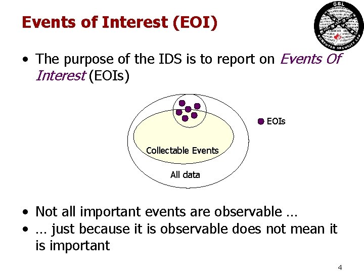 Events of Interest (EOI) • The purpose of the IDS is to report on Events of Interest (EOI) • The purpose of the IDS is to report on
