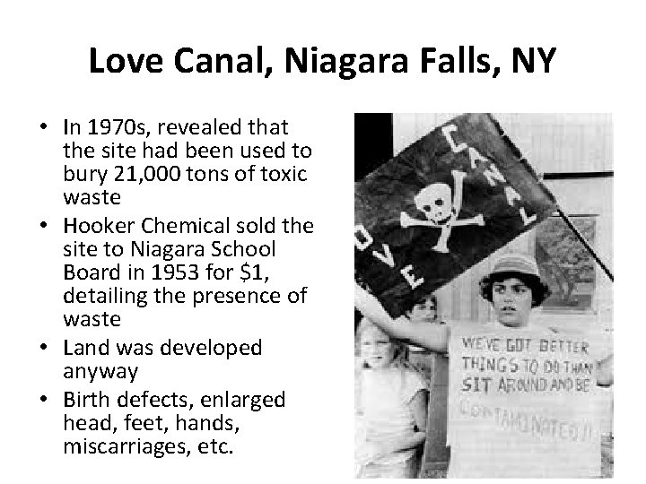 Love Canal, Niagara Falls, NY • In 1970 s, revealed that the site had