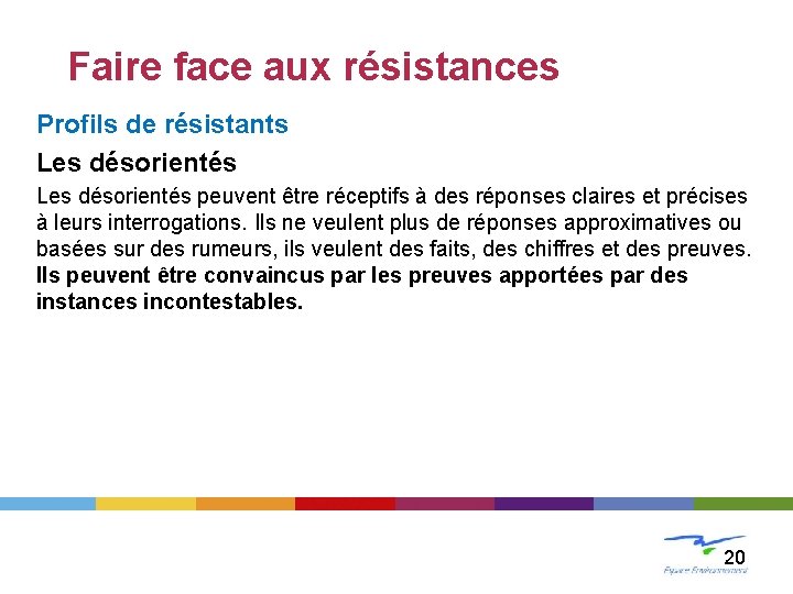 LE CHANGEMENT Faire face aux résistances Profils de résistants Les désorientés peuvent être réceptifs