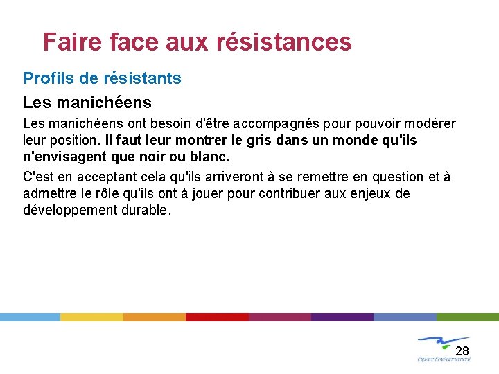 LE CHANGEMENT Faire face aux résistances Profils de résistants Les manichéens ont besoin d'être