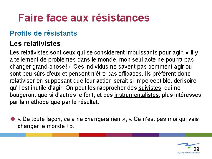 LE CHANGEMENT Faire face aux résistances Profils de résistants Les relativistes sont ceux qui