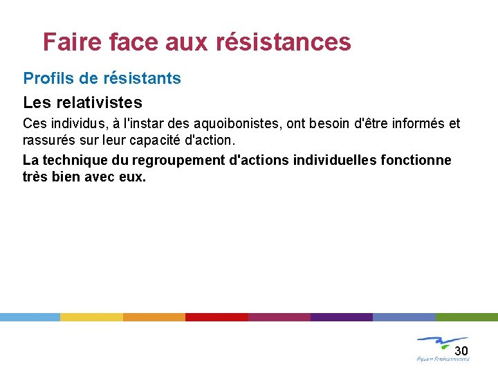 LE CHANGEMENT Faire face aux résistances Profils de résistants Les relativistes Ces individus, à