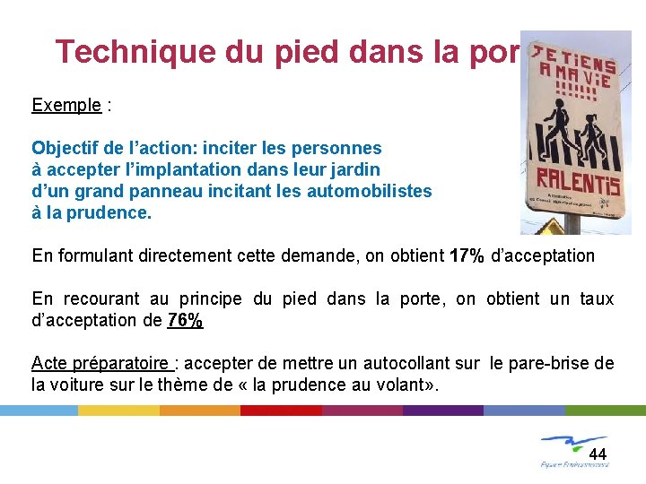 Technique du pied dans la porte Exemple : Objectif de l’action: inciter les personnes