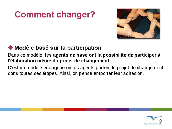 LE CHANGEMENT Comment changer? u Modèle basé sur la participation Dans ce modèle, les