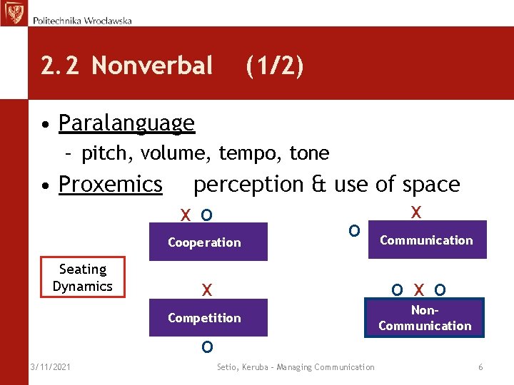 2. 2 Nonverbal (1/2) • Paralanguage – pitch, volume, tempo, tone • Proxemics perception