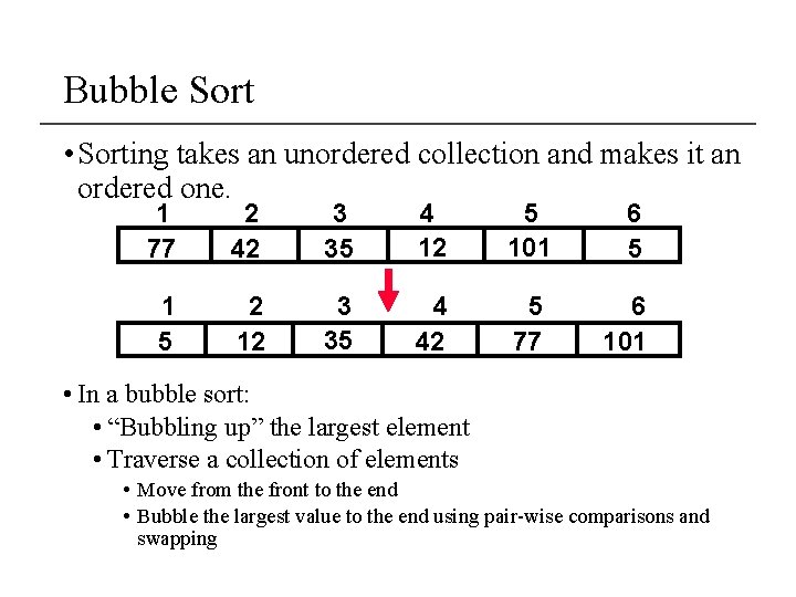 Bubble Sort • Sorting takes an unordered collection and makes it an ordered one.