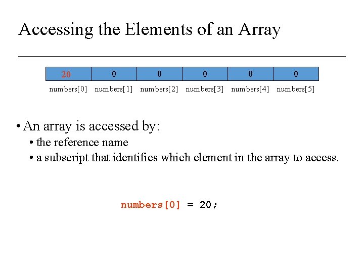 Accessing the Elements of an Array 20 0 0 numbers[0] numbers[1] numbers[2] numbers[3] numbers[4]