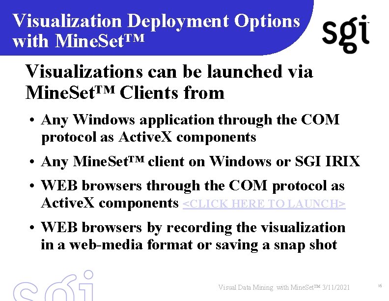 Visualization Deployment Options with Mine. Set™ TM Visualizations can be launched via Mine. Set™