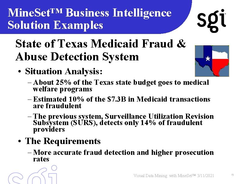 Mine. Set™ Business Intelligence Solution Examples TM State of Texas Medicaid Fraud & Abuse