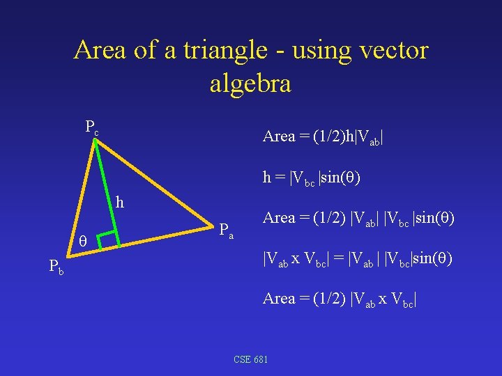 Area of a triangle - using vector algebra Pc Area = (1/2)h|Vab| h =
