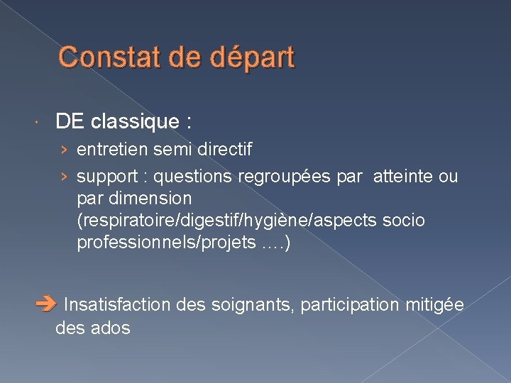 Constat de départ DE classique : › entretien semi directif › support : questions