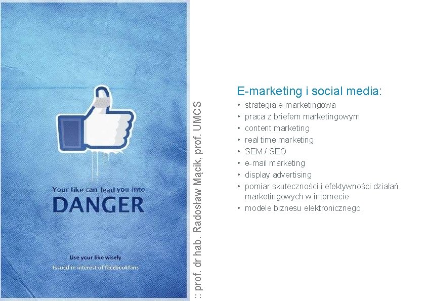 : : prof. dr hab. Radosław Mącik, prof. UMCS E-marketing i social media: •