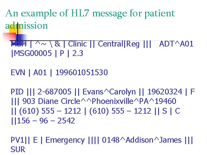 An example of HL 7 message for patient admission MSH | ^~  &