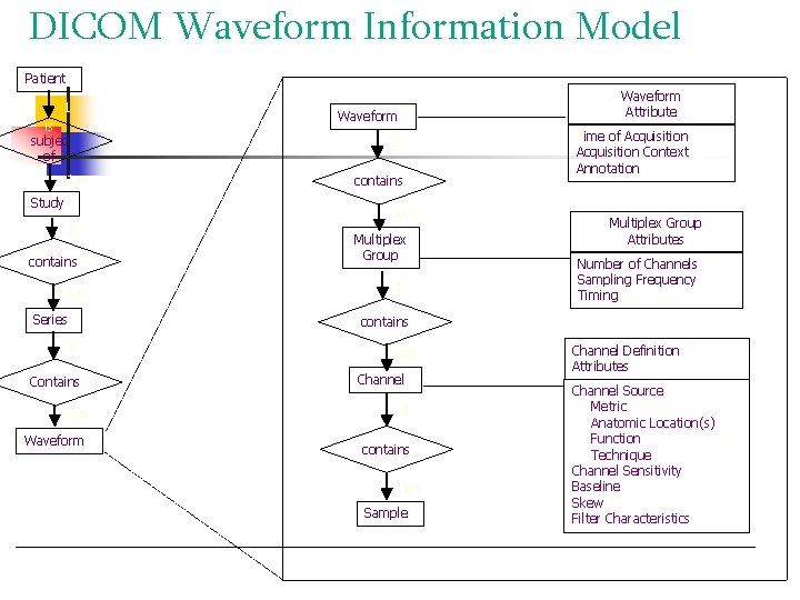 DICOM Waveform Information Model Patient 1 is subjec of Waveform Attribute Waveform 1 1,