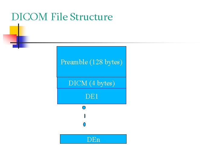 DICOM File Structure Preamble (128 bytes) DICM (4 bytes) DE 1 DEn 