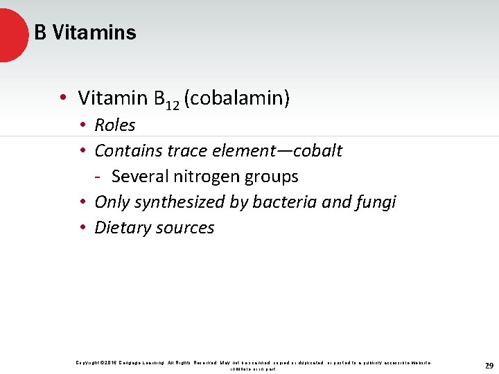 B Vitamins • Vitamin B 12 (cobalamin) • Roles • Contains trace element—cobalt -