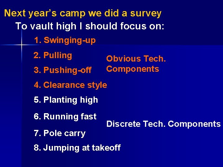 Next year’s camp we did a survey To vault high I should focus on: