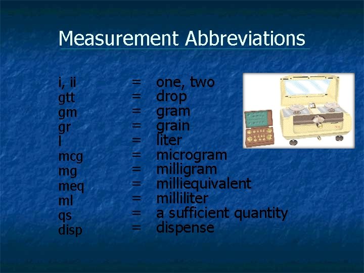 Measurement Abbreviations i, ii gtt gm gr l mcg mg meq ml qs disp