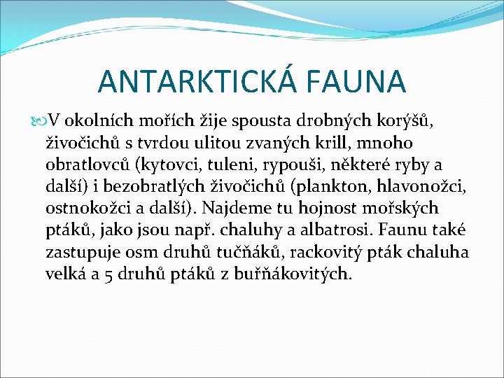 ANTARKTICKÁ FAUNA V okolních mořích žije spousta drobných korýšů, živočichů s tvrdou ulitou zvaných