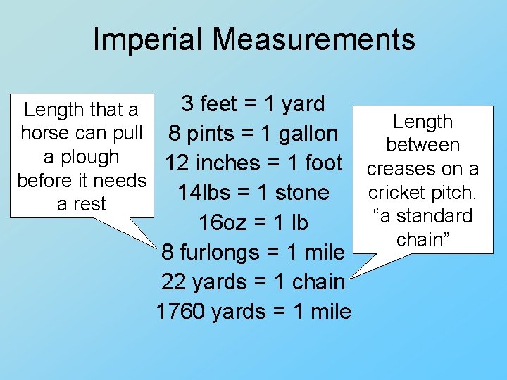 Imperial Measurements 3 feet = 1 yard Length that a horse can pull 8 Imperial Measurements 3 feet = 1 yard Length that a horse can pull 8
