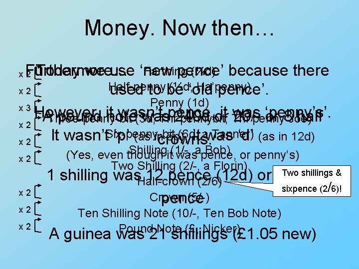 Money. Now then… Farthing (¼d) because there Today we use ‘new pence’ Furthermore… Half-penny Money. Now then… Farthing (¼d) because there Today we use ‘new pence’ Furthermore… Half-penny
