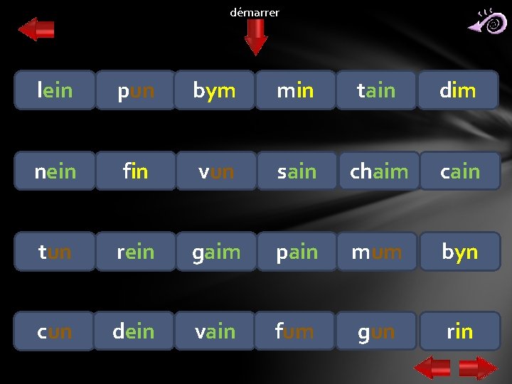 démarrer lein pun bym min tain dim nein fin vun sain chaim cain tun