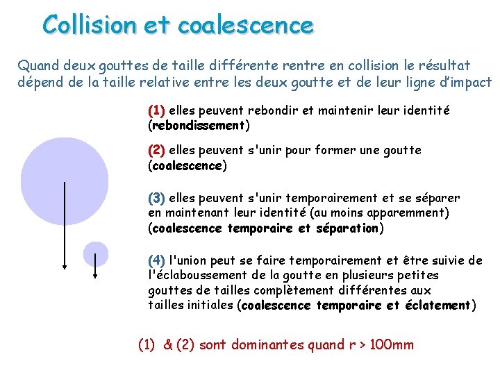 Collision et coalescence Quand deux gouttes de taille différente rentre en collision le résultat