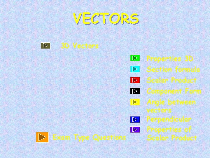 VECTORS 3 D Vectors Properties 3 D Section formula Scalar Product Component Form Exam
