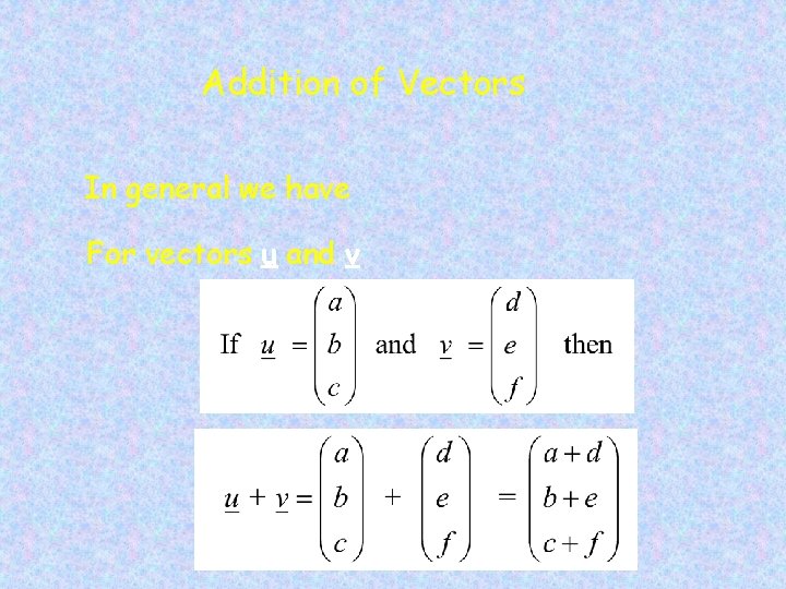 Addition of Vectors In general we have For vectors u and v 