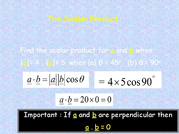 The Scalar Product Find the scalar product for a and b when |a|= 4