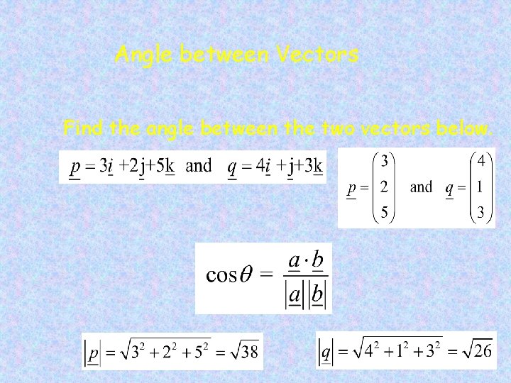 Angle between Vectors Find the angle between the two vectors below. 