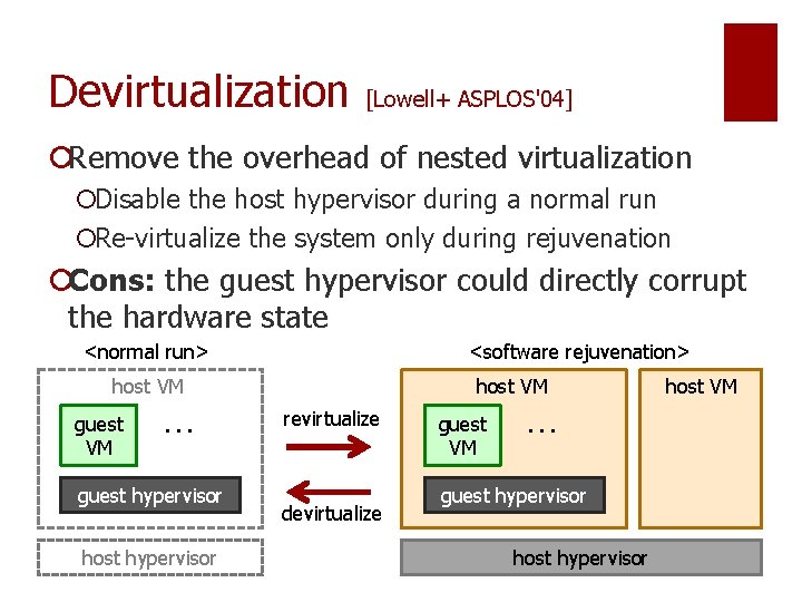 Devirtualization [Lowell+ ASPLOS'04] ¡Remove the overhead of nested virtualization ¡Disable the host hypervisor during