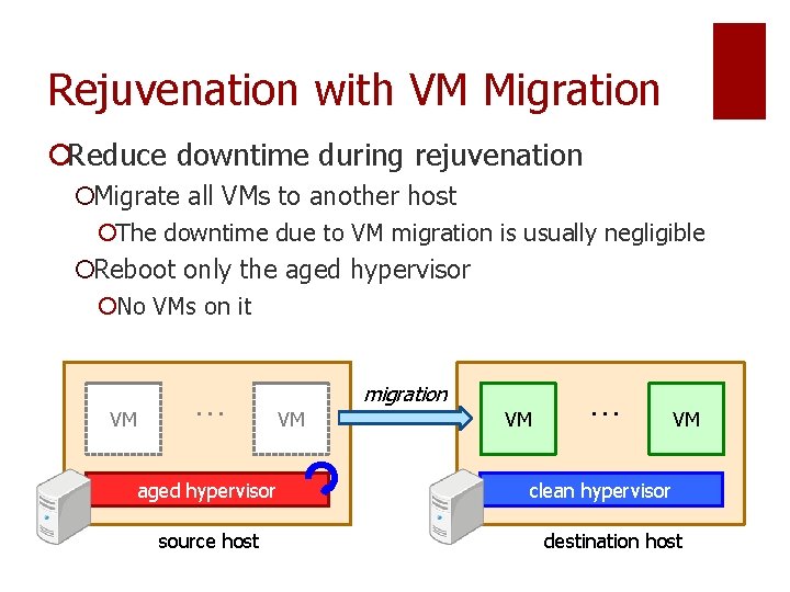 Rejuvenation with VM Migration ¡Reduce downtime during rejuvenation ¡Migrate all VMs to another host