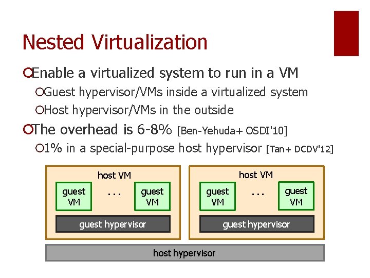 Nested Virtualization ¡Enable a virtualized system to run in a VM ¡Guest hypervisor/VMs inside