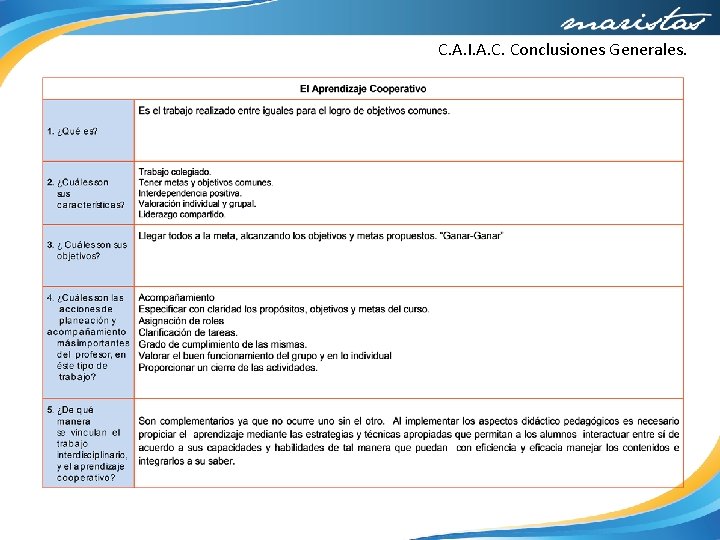 C. A. I. A. C. Conclusiones Generales. 